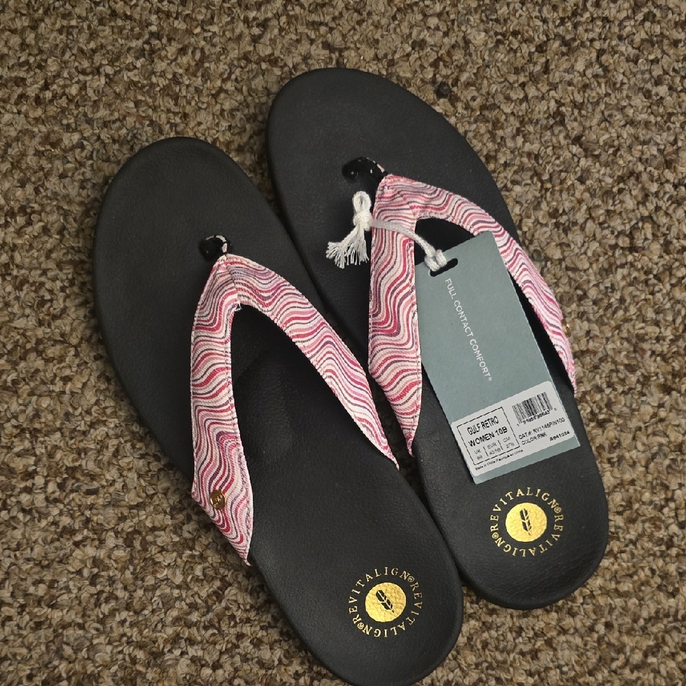 REVITALIGN Women's Pink Patterned Strap Black Footbed Sandals Gulf Retro